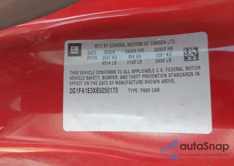 2014 Chevrolet Camaro 2Ls z USA, uszkodzony, nr VIN 2G1FA1E3XE9250173